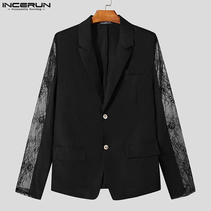 INCERUN hauts 2024 Style américain mode hommes Perspective dentelle épissage conception costume manteaux décontracté solide à manches longues Blazer S-5XL
