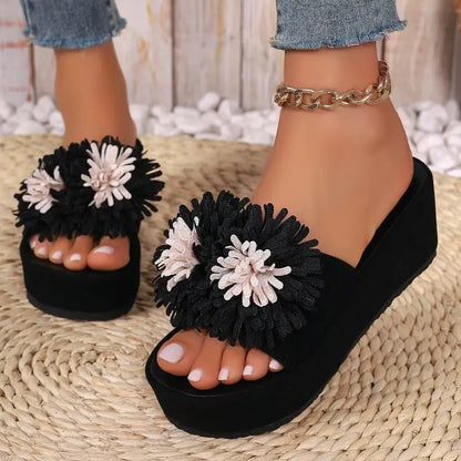 Femmes luxe décor sandales été fleur noire en plein air mode compensées décontracté bureau fête élégant Sexy plate-forme talons hauts 2025