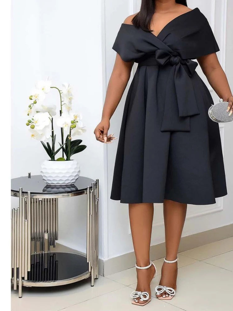 Robe mi-longue pour femmes, ligne A, coupe cintrée, col en V, manches courtes, taille serrée, épissure élégante, nœud à lacets, été