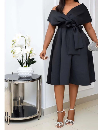 Robe mi-longue pour femmes, ligne A, coupe cintrée, col en V, manches courtes, taille serrée, épissure élégante, nœud à lacets, été