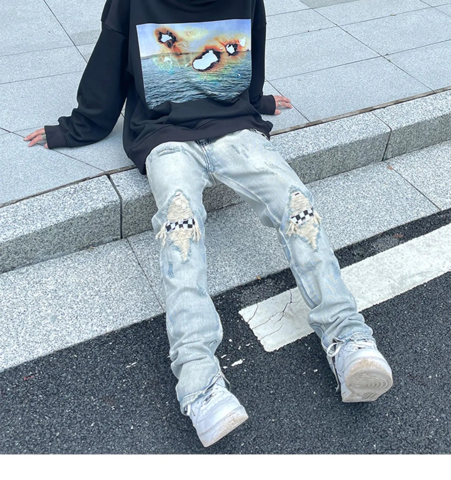 Jean à jambes larges pour homme et femme, streetwear, décontracté, déchiré, troué