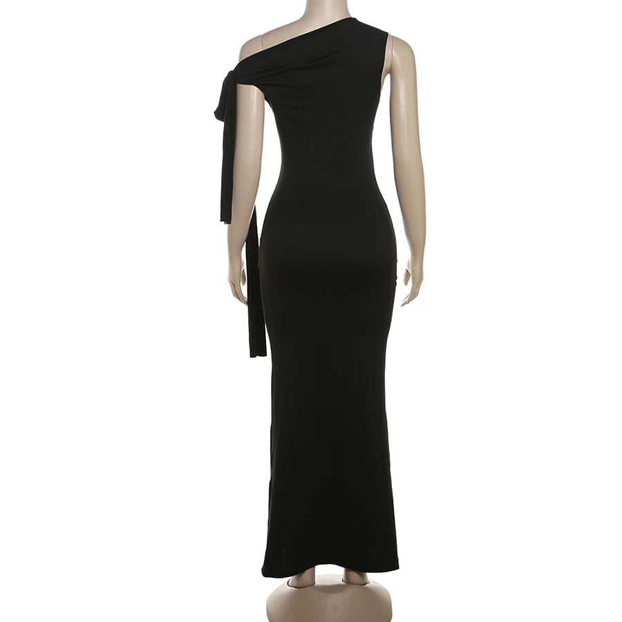 Bizarre chat une épaule robe femme été Sexy solide élégant noeud pansement sans manches moulage Simple fête maigre robes