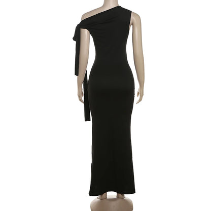 Bizarre chat une épaule robe femme été Sexy solide élégant noeud pansement sans manches moulage Simple fête maigre robes