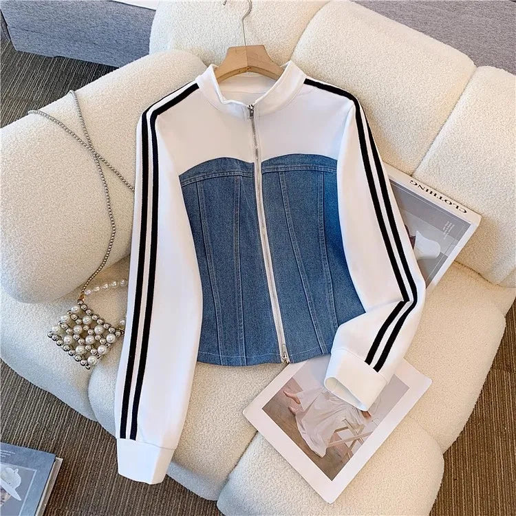 Ensemble pantalon femmes deux pièces ensembles Denim épissure fermeture éclair ensembles assortis manteaux décontractés jambe large pantalons longs à lacets taille élastique 2025