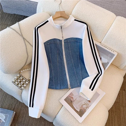 Ensemble pantalon femmes deux pièces ensembles Denim épissure fermeture éclair ensembles assortis manteaux décontractés jambe large pantalons longs à lacets taille élastique 2025