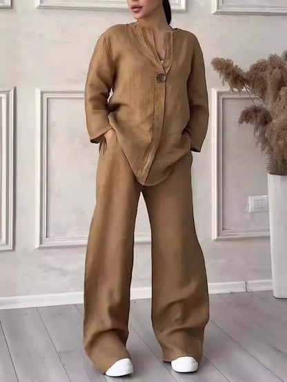 Ensemble deux 2 pièces en coton et lin, chemisier ample décontracté à manches longues et boutons, chemise et pantalon ample à jambes larges et élastiques, costumes NMD-3021