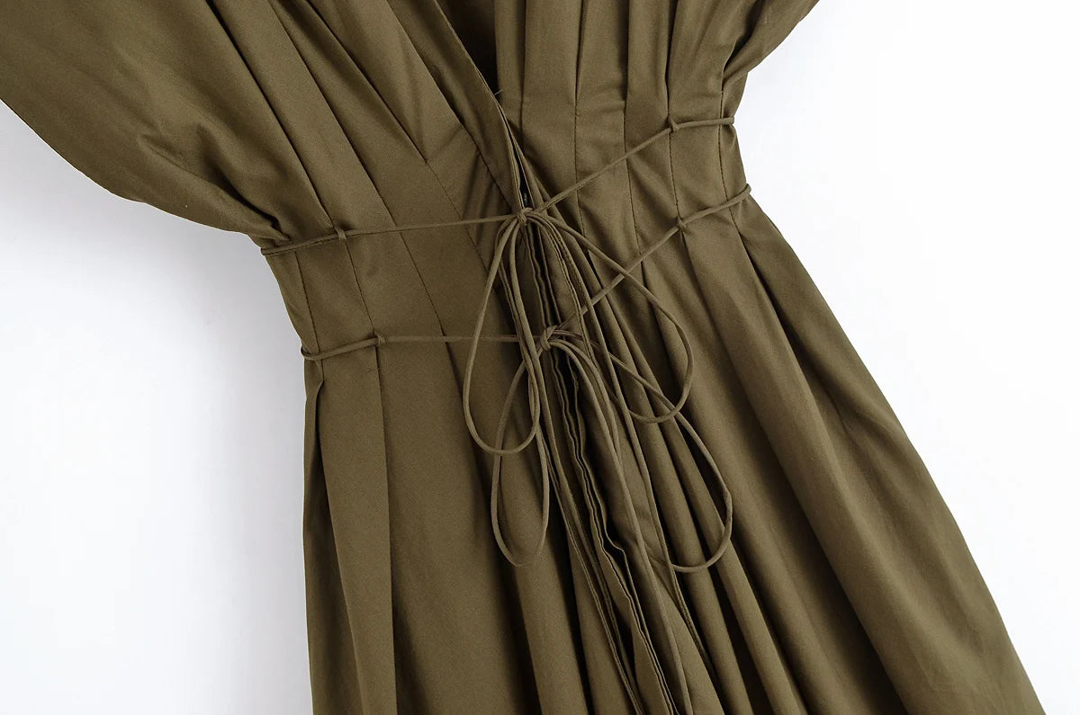 TRAFZA femmes mode d'été col en v à lacets Midi robe à manches courtes femme élégante dos nu plissé Sexy taille longue robe