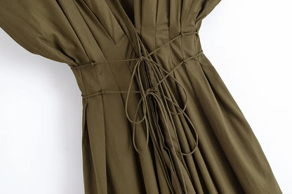 TRAFZA femmes mode d'été col en v à lacets Midi robe à manches courtes femme élégante dos nu plissé Sexy taille longue robe