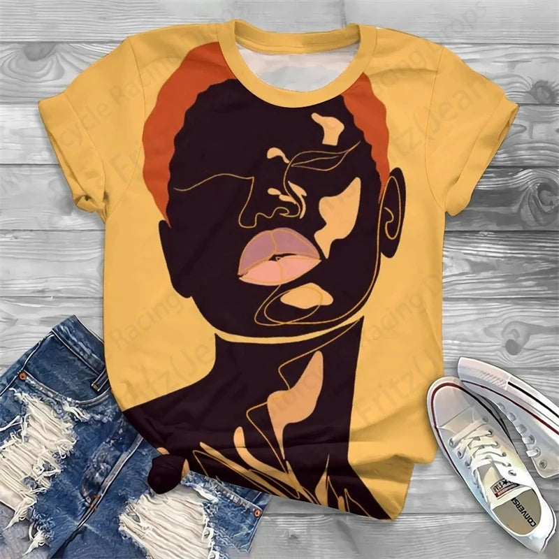 T-shirt col rond femme noir, streetwear, vintage, africain, impression 3D, mode décontractée, visage noir, baggy, t-shirts