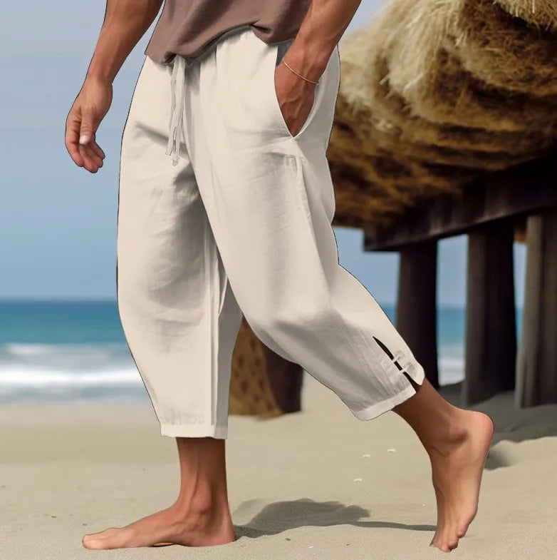 Pantalon en lin pour hommes, pantalon d'été, pantalon de plage, ceinture élastique, confortable et respirant, pantalon Captcha pour mollet, printemps