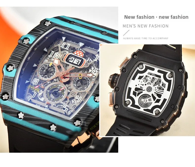 Nouvelle génération sport conception creuse montre d'affaires machines de sport modernes vent quartz petite montre artisanale à trois disques