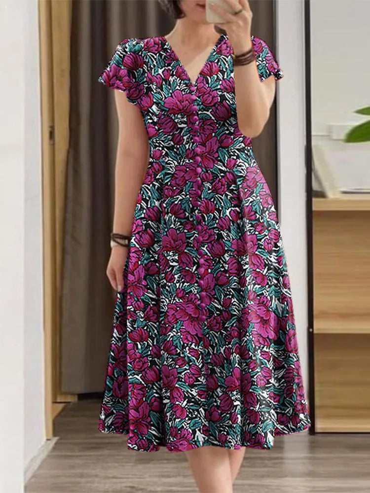 Robe d'été élégante pour femmes, col en V, manches courtes, imprimé Floral, style bohème, robes de fête de vacances, 2024