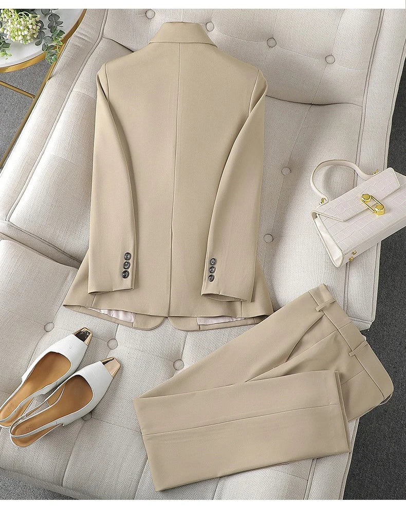 Costume Blazer Bleu Décontracté pour Femme, Tenue de Bureau, Manches sulf, Veste à Bouton Unique, Ensemble 2 Pièces, Chic, Mode, Pantalon, Élégant