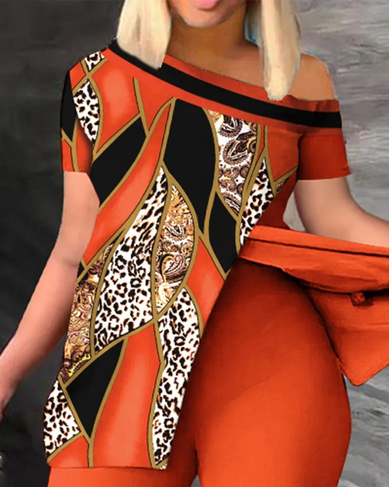 Ensemble deux pièces élégant pour femmes, nouvelle mode, imprimé, manches à volants, haut, pantalon de couleur unie, avec ceinture, chemisiers, vêtements féminins