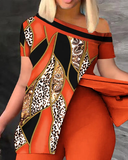 Ensemble deux pièces élégant pour femmes, nouvelle mode, imprimé, manches à volants, haut, pantalon de couleur unie, avec ceinture, chemisiers, vêtements féminins