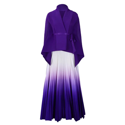 CM.YAYA – ensemble dégradé pour femmes, chemisier à manches longues avec ceinture, chemise et jupes longues plissées, costume de rue, ensemble deux pièces, survêtement