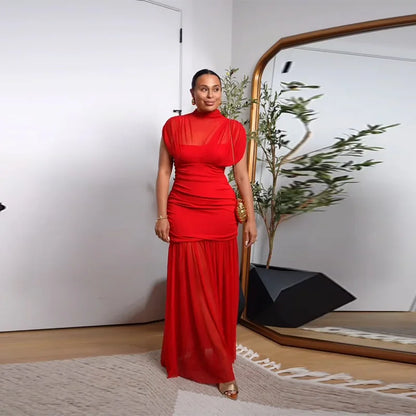 Robe longue de soirée plissée rouge Chic, élégante, manches volantes, maille, Patchwork, Maxi, vacances d'été, plage