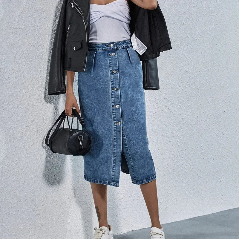 Jupe en jean droite taille haute pour femme, streetwear décontracté, poche, simple boutonnage, longueur genou, tout match, femme, nouveau