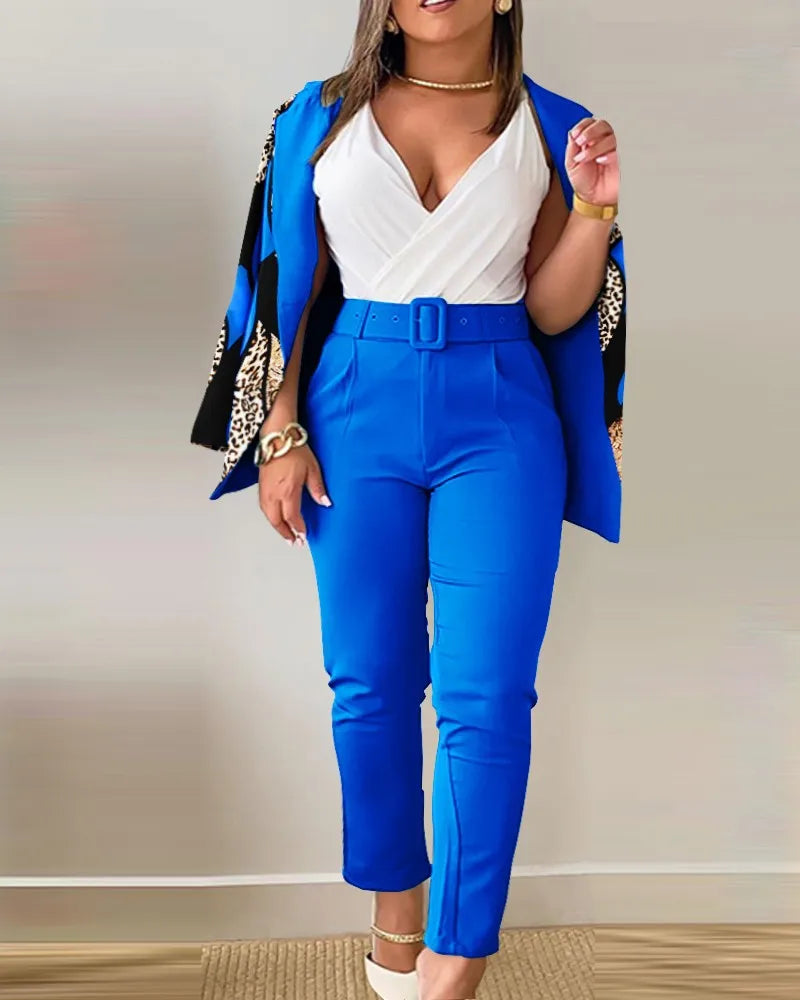 Ensemble de travail deux pièces avec ceinture pour femme, blazer à col à revers, manteau cardigan, pantalon, lettre imprimée, mode, bureau imbibé, automne, hiver