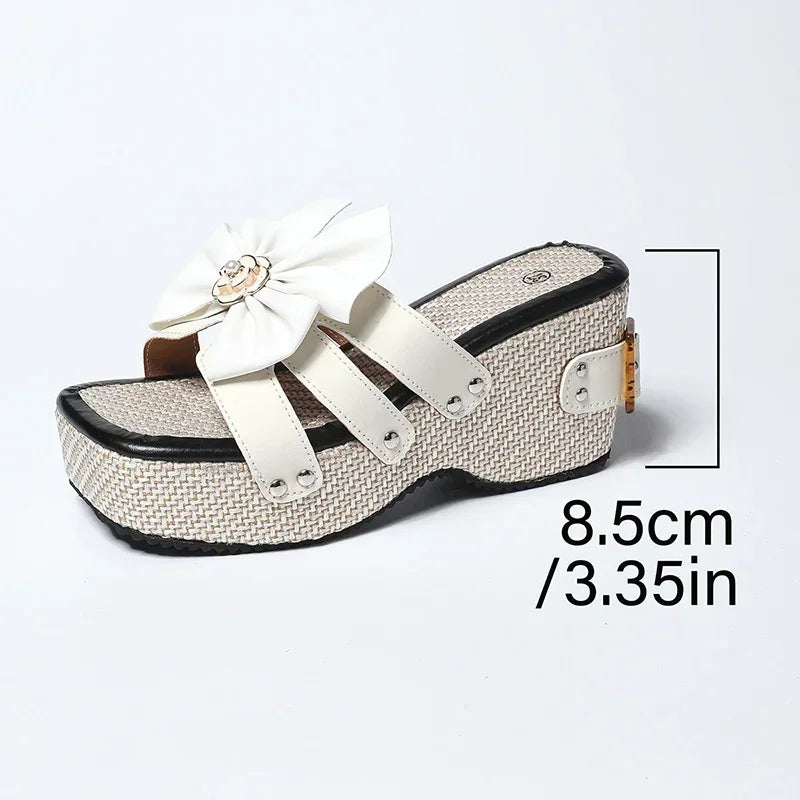 Pantoufles à plateforme épaisse avec nœud papillon pour femmes, Design à boucle, diapositives à fond épais, nouvelles sandales à talons compensés à bout carré