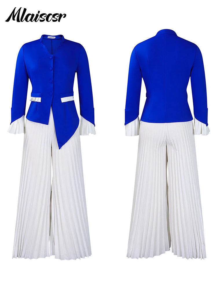Mlaiscsr manches évasées bouton Blazer chemise hauts et pantalons à jambes larges plissés 2 deux pièces ensembles femmes élégant bureau dames tenues