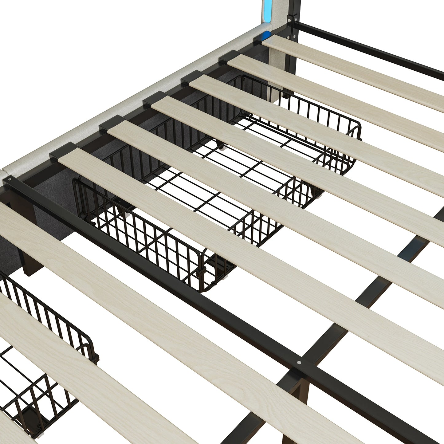 Lit capitonné 140/160x200 cm, tête de lit avec éclairage LED et fonction de chargement USB, lit double avec 4 tiroirs, lit fonctionnel