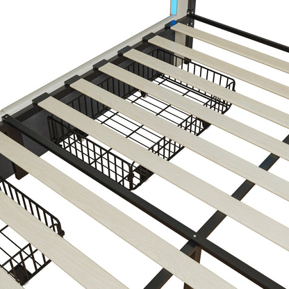 Lit capitonné 140/160x200 cm, tête de lit avec éclairage LED et fonction de chargement USB, lit double avec 4 tiroirs, lit fonctionnel