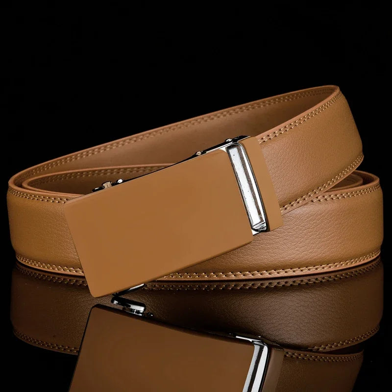 Plyesxale-Ceinture en cuir véritable pour homme, ceinture habillée à cliquet, haute qualité, automatique, bleu, rouge, marron clair, environnement B36