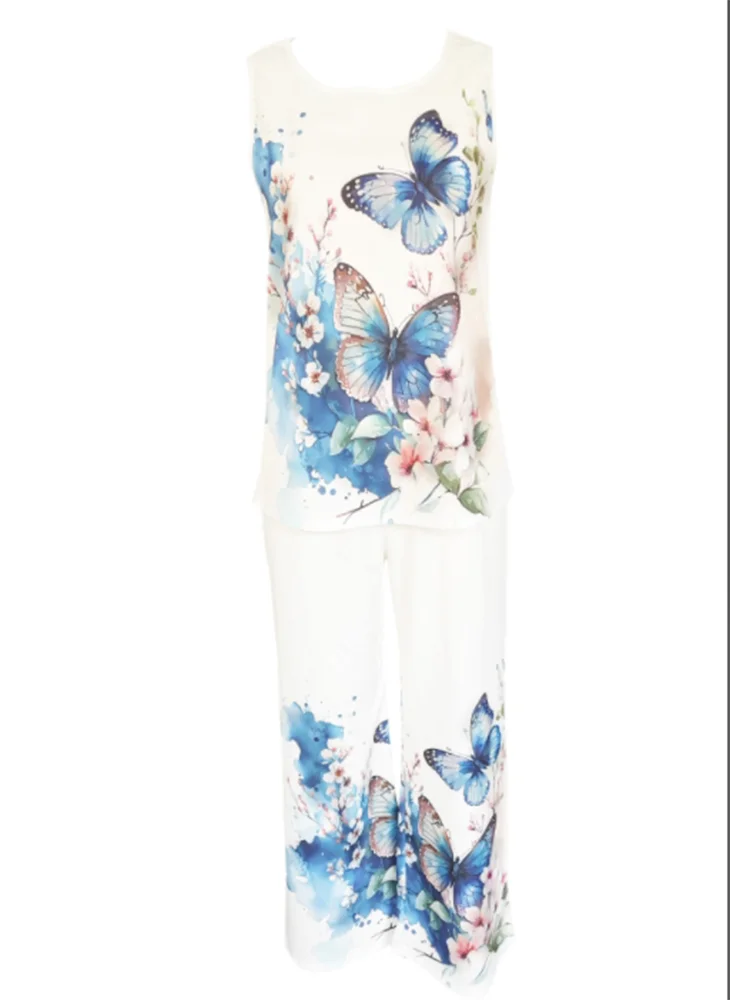 T-Shirt à Jambes Droites pour Femme, Pantalon Décontracté, Imprimé Fibraadt, Ensemble Simple, Vêtements d'Été