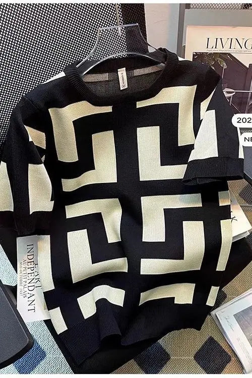 T-shirt à manches courtes Ice Inj, col rond, conception haut de gamme, fouet, imprimé géométrique, loisirs simples, mode estivale, nouveau, 2024