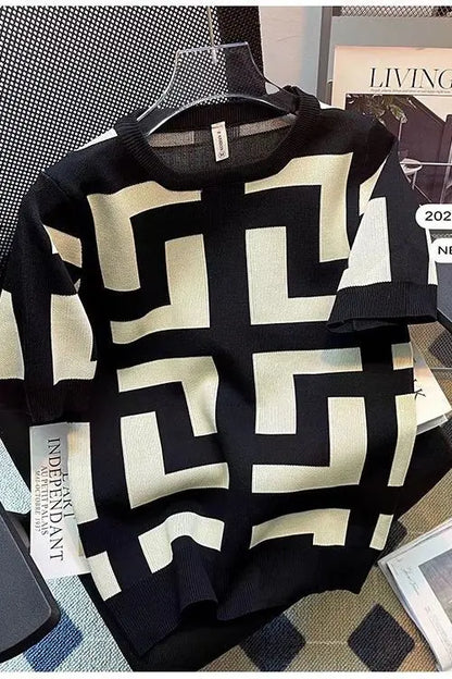 T-shirt à manches courtes Ice Inj, col rond, conception haut de gamme, fouet, imprimé géométrique, loisirs simples, mode estivale, nouveau, 2024