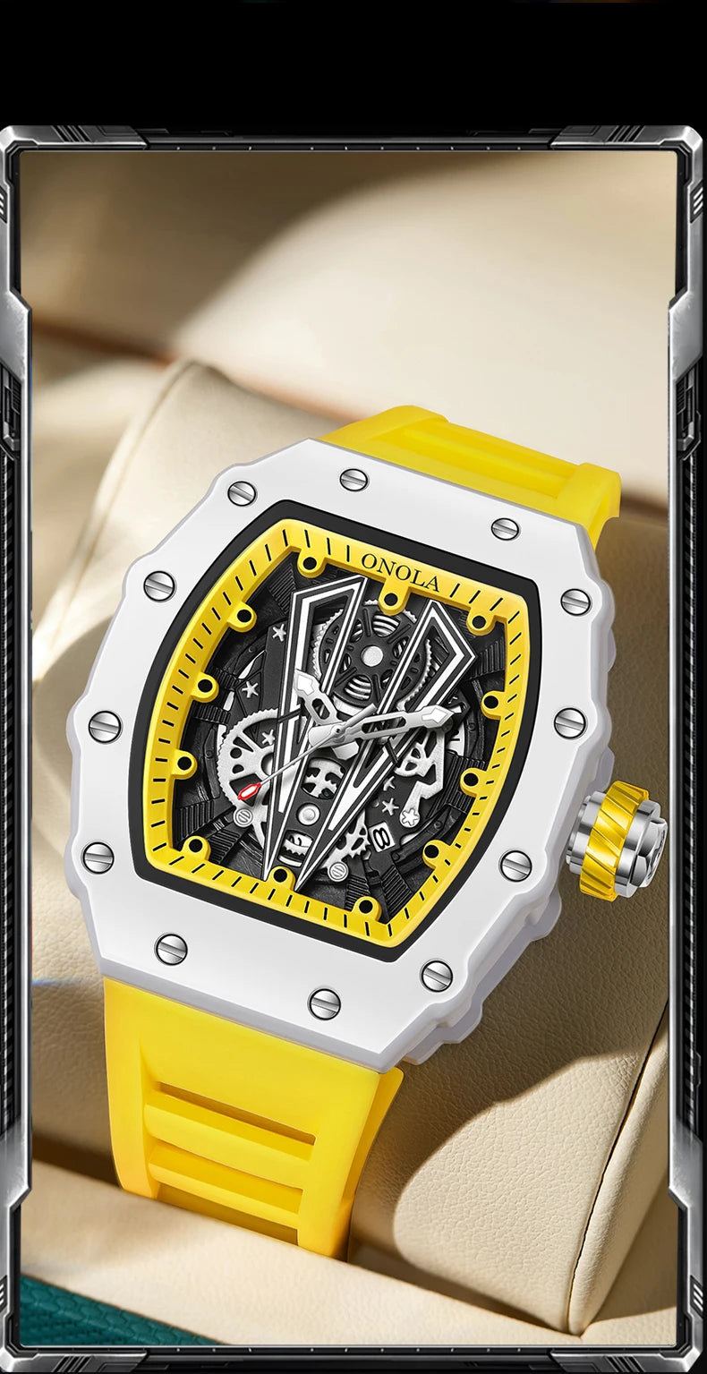 ONOLA-Montre Tonneau Blanche pour Homme, Horloge Masculine, Calendrier Showous, Degré d'Eau, Bande en Silicone