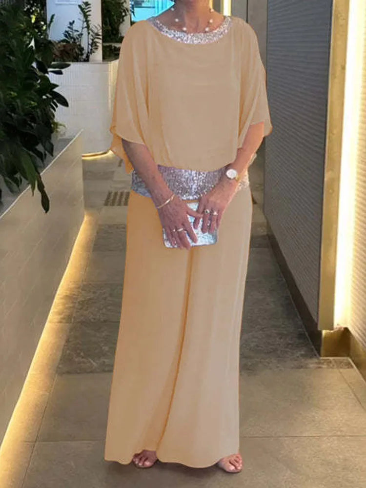 Femmes paillettes Patchwork ample chauve-souris Blouse pantalon ensembles 2 pièces vente rose chemisier ample et jambe large pantalon ample costumes NMD- 250310004