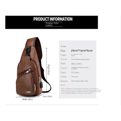 Nouveau sac de poitrine USB pour hommes portable grande capacité charge sac à bandoulière décontracté sports de plein air sac de poitrine en polyuréthane