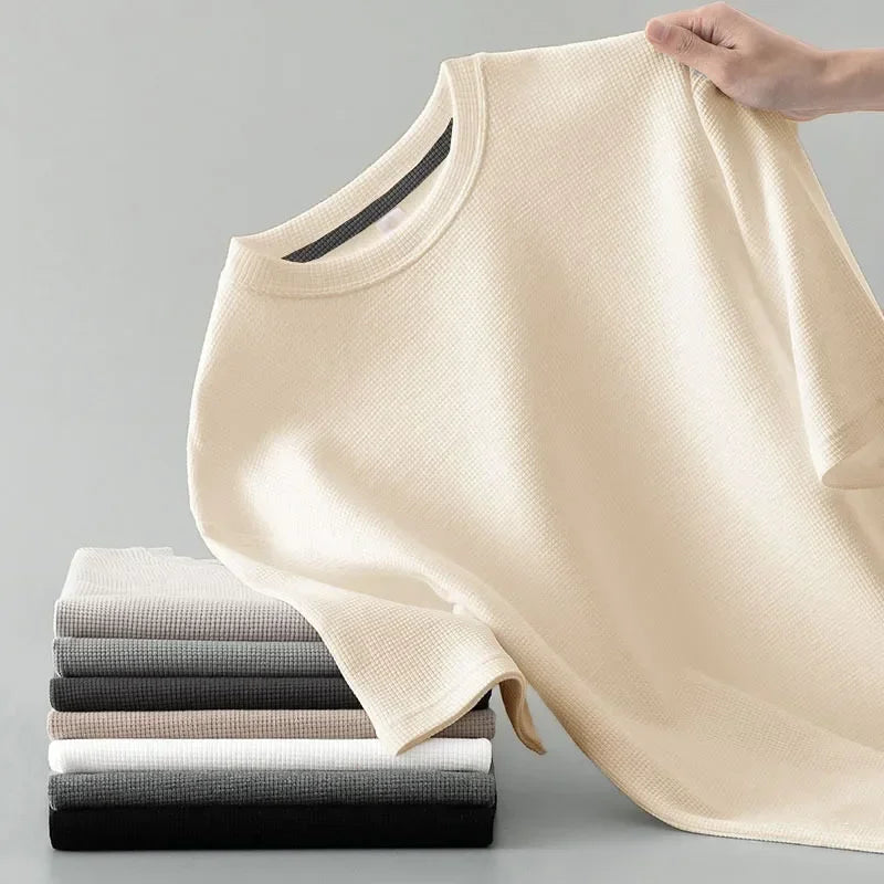 Style coréen hommes été T-Shirt homme à manches courtes gaufré solide T-Shirt couleur T-Shirt décontracté rond hommes col rond haut tendance