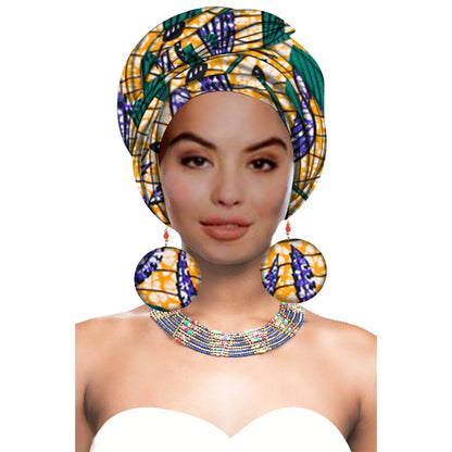 Turbans - bandeaux africains pour femme foulard africain couvre-chef nigérian avec boucle d'oreille assortie Dashiki Ankara cire S20H004