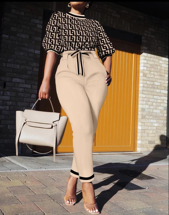 ChimStreet-Ensemble de pantalons décontractés pour femmes, manches ChimSeven, imprimé à la mode, taille à lacets, vêtements de printemps et d'automne, nouveau