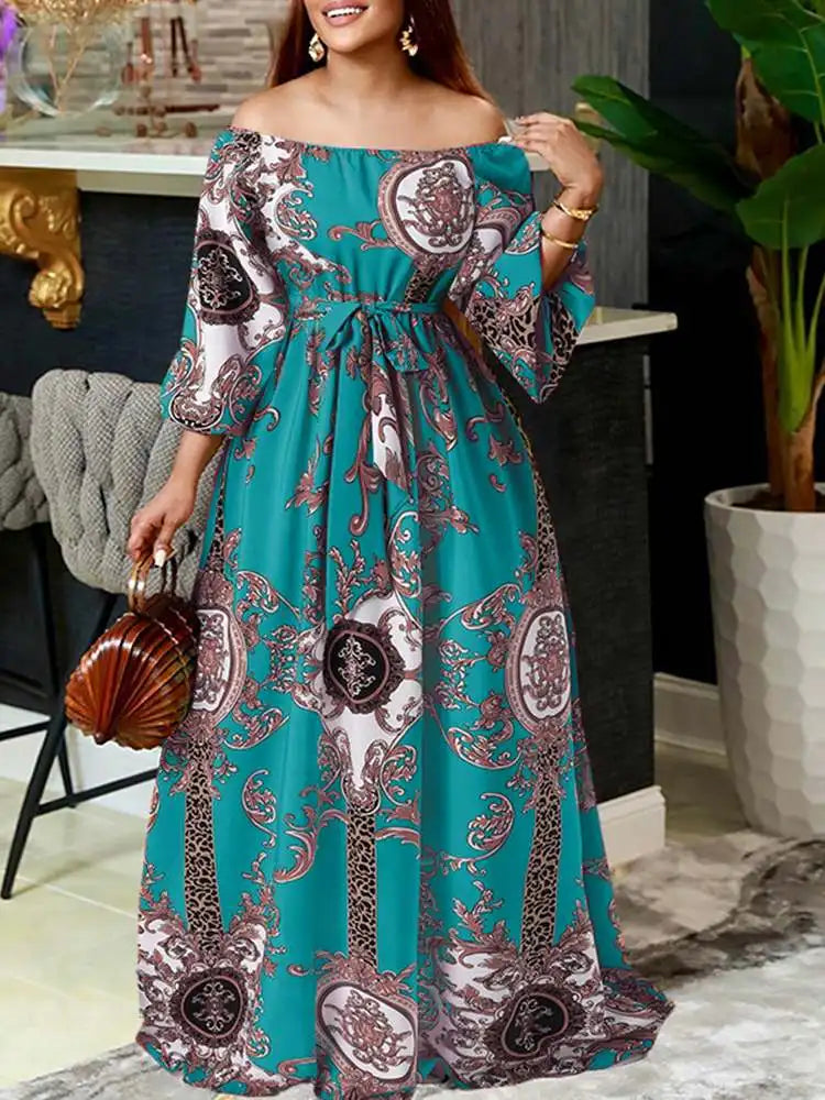 VONDA-Robe maxi bohème pour femmes, robe de soirée imprimée, robe d'été sexy à manches longues lanterne, robe vintage ceinturée, robe éducative, 2023