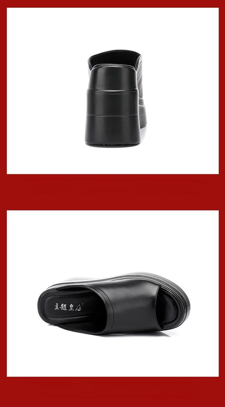 Chaussures confortables à plateforme épaisse de 9.5cm, petite taille 32-43, pantoufles en cuir véritable, talons hauts 2025, diapositives à semelles compensées, modèle de bureau