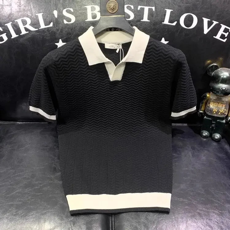 T-shirt à manches courtes en soie glacée pour hommes, pull tricoté à revers contrasté, tendance et personnalisé, décontracté, nouvelle collection été