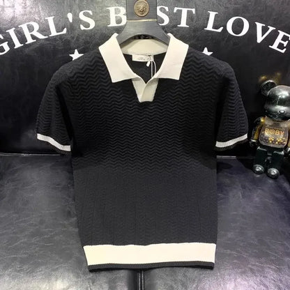 T-shirt à manches courtes en soie glacée pour hommes, pull tricoté à revers contrasté, tendance et personnalisé, décontracté, nouvelle collection été