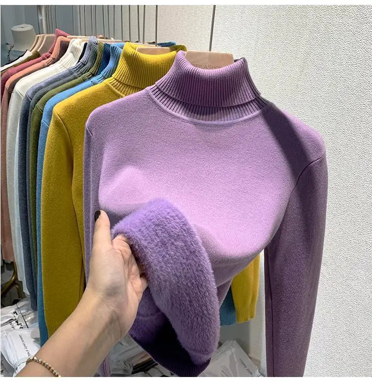 Pull épais à col haut pour femme, haut d'hiver chaud et doux, couleur unie, vêtements intérieurs, chemise à bascule, nouvelle collection 2025