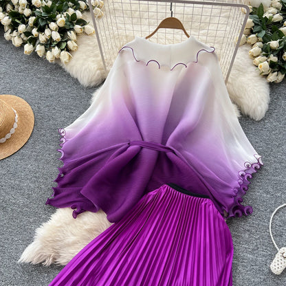 Miyake pli changement progressif couleur bord ondulé costume soleil jupe plissée à la mode et élégant deux pièces ensembles tenues pour femmes