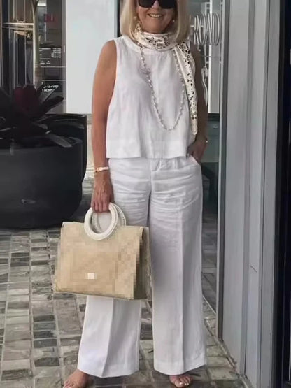 Costumes simples en coton et lin pour femmes, mode d'été, chemisier ample sans manches, pantalon à jambes larges, ensemble deux pièces pour femmes, tenues décontractées