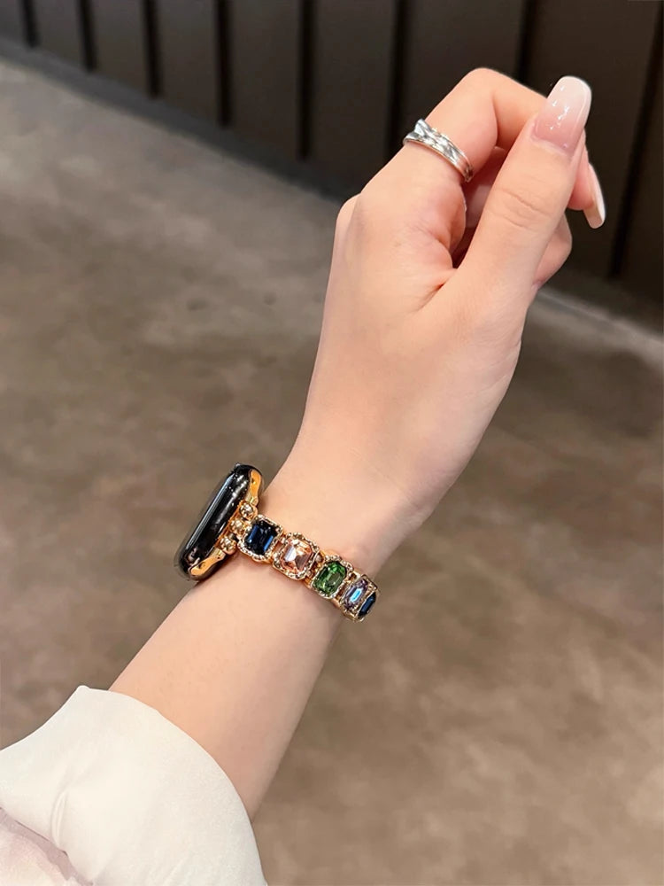 Bande de diamant élastique pour iWatch Ultra 10 9 8 7 6 5 Se 4, bracelet en métal pour femme Apple Watch 38mm 40mm 41mm 42mm 45mm 46mm 49mm