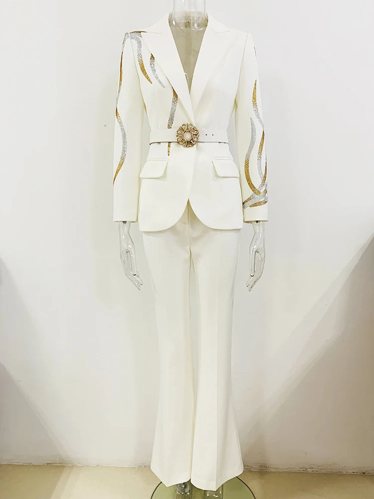 HIGH STREET nouvelle mode 2025 concepteur piste costume ensemble femmes diamants colorés ceinturé Blazer Flare pantalon costume 2 pièces