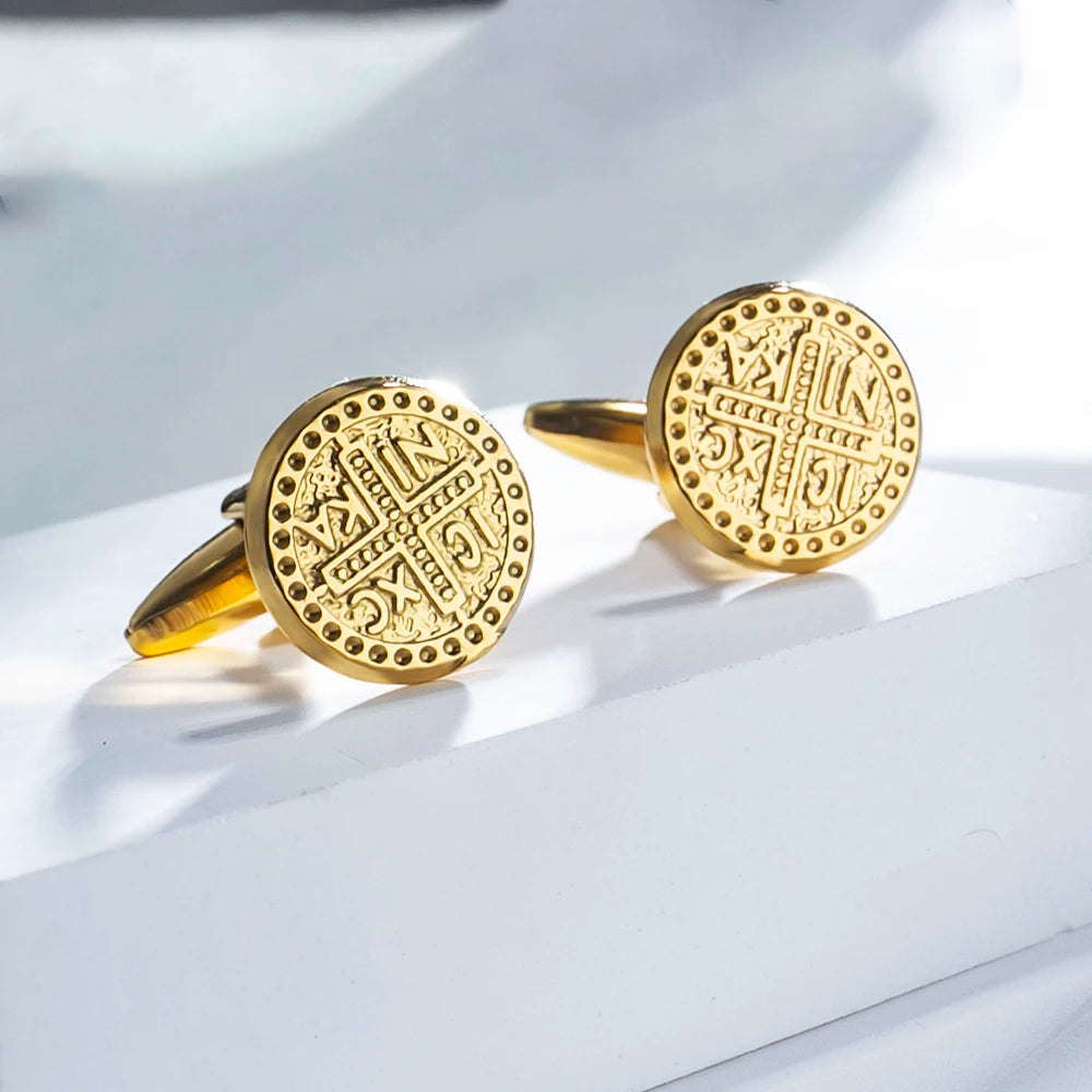 Lèvent de manchette ronds en acier inoxydable pour chemises pour hommes, bijoux de foi de Jésus, souvenir de mariage, rétro, plus riche ula, ConTim or