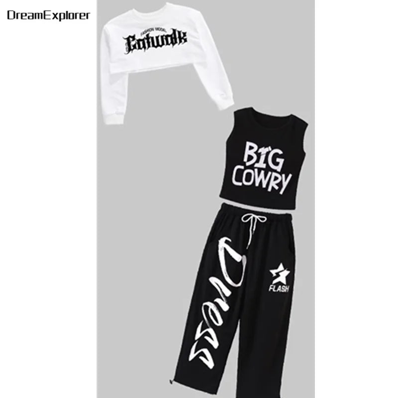 Filles K-pop haut court mode lettres Sport Joggers pantalon fille groupe vêtements ensembles enfants Hip Hop Streetwear enfants Jazz Costumes