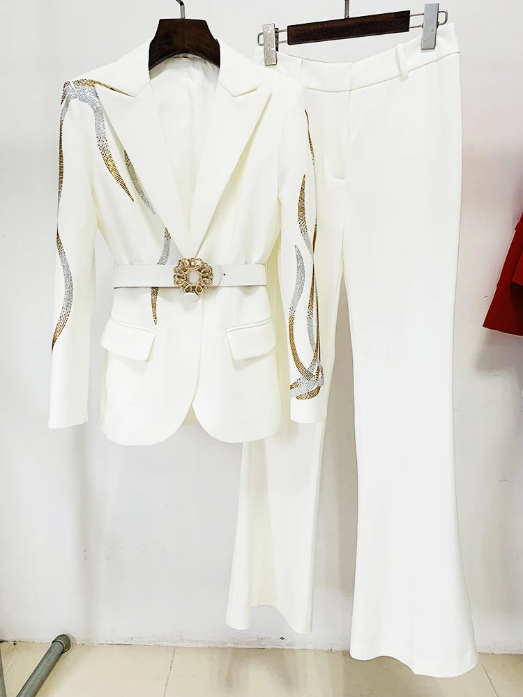 HIGH STREET nouvelle mode 2025 concepteur piste costume ensemble femmes diamants colorés ceinturé Blazer Flare pantalon costume 2 pièces