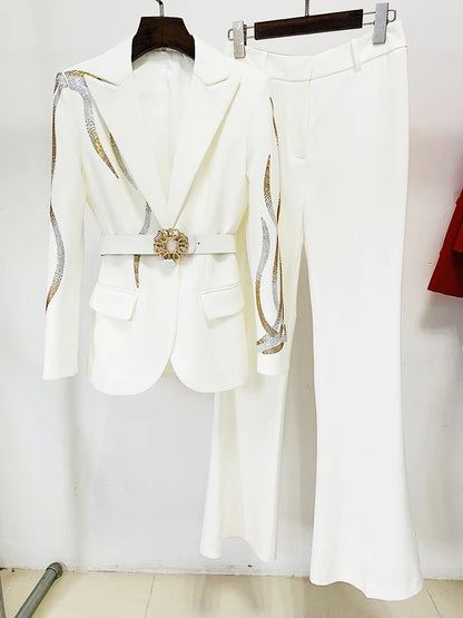 HIGH STREET nouvelle mode 2025 concepteur piste costume ensemble femmes diamants colorés ceinturé Blazer Flare pantalon costume 2 pièces